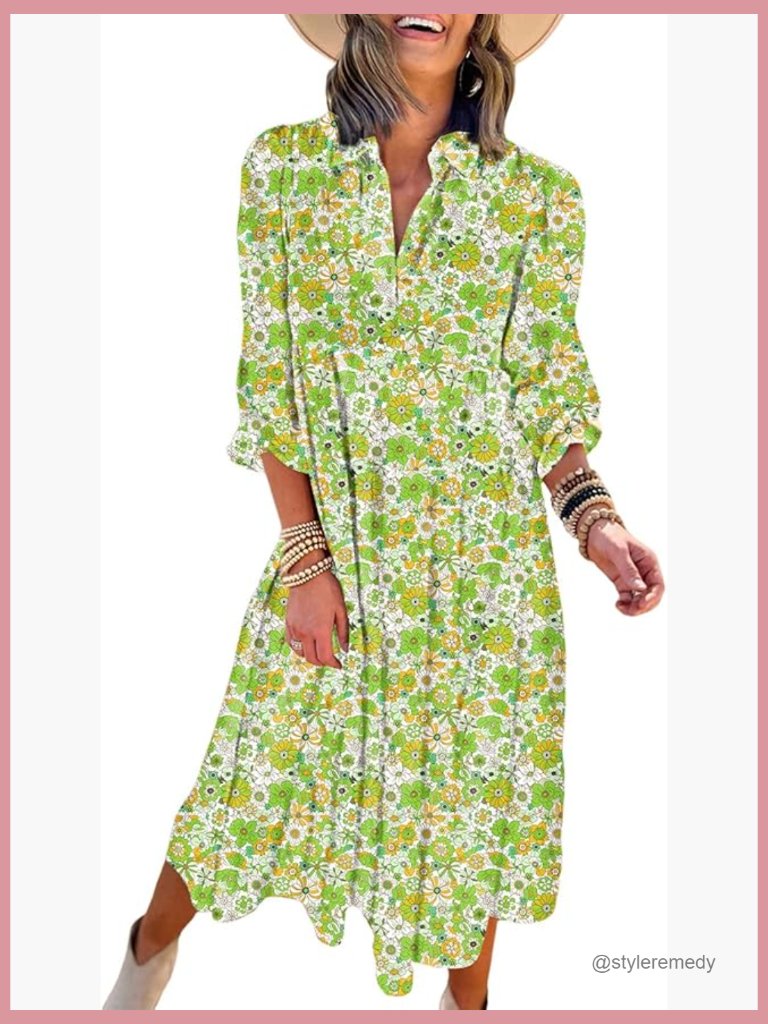 Loose Bohemian Floral Long Puff Sleeve V Neck Ruffle A Line Summer Dress
